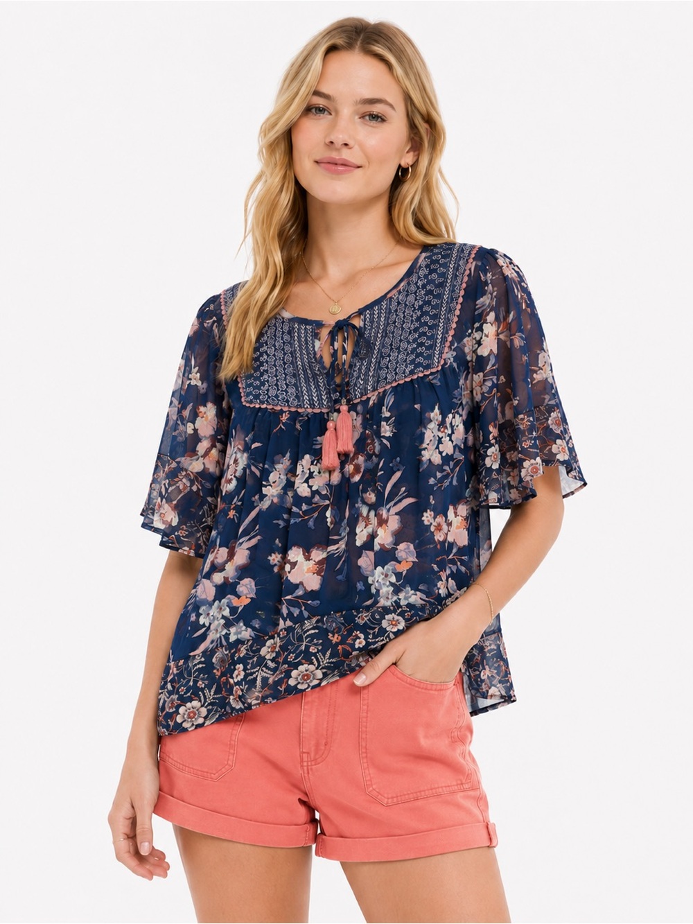 Knox Rose Blue Floral Boho Peasant Blouse – Size Large